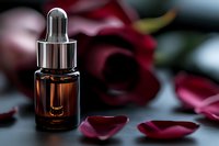 Essential oil dropper bottle with dark amber glass surrounded by deep red rose petals on dark surface, romantic spa wellness composition for aromatherapy.