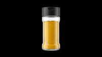 Glass spice jar filled with yellow turmeric powder, black lid, isolated on transparent background, ready for stickers, print on demand, and T-shirt design use.