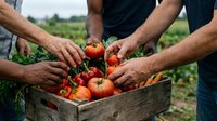 Farmers harvesting fresh ripe tomatoes into wooden crate in agricultural field during harvest season, sustainable farming and organic produce.
