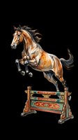Watercolor bay horse leaping over a decorative painted jump, isolated on transparent background, ready for t-shirt design, stickers, clipart, and print on demand use.