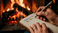 Hand writing New Year resolutions in notebook by warm fireplace with cozy flames creating perfect atmosphere for goal setting and planning ahead.