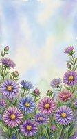Watercolor aster flowers in purple, pink and blue bloom along the bottom with soft pastel sky background and copy space for text.