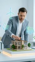Male architect in light blue blazer examining sustainable residential building model with renewable energy icons including wind turbine and solar panel overlay for green construction and eco-friendly development projects.