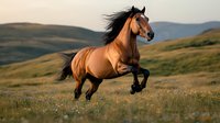 Majestic bay horse galloping freely across mountain meadow with flowing mane and tail, against backdrop of rolling hills in warm evening light.