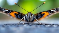 Extreme close up macro photograph of butterfly head with antennae against blurred green background, showing detailed wing patterns in orange and black colors.