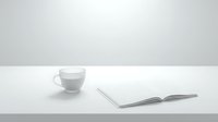 Minimalist workspace with white coffee cup and open notebook on clean desk surface, suitable for business and lifestyle design projects.