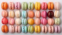 Colorful French macarons arranged in neat rows showcasing variety of pastel and vibrant flavors including pink, yellow, green, orange and brown on light background.