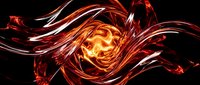 Abstract fiery swirl with flowing ribbons of red and orange flames creating dynamic energy patterns on black background for modern design projects.