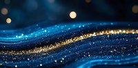 Magical blue and gold glowing waves with sparkles and bokeh effects on dark background create dreamy abstract pattern for luxury designs and celebrations.