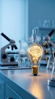 Glowing lightbulb with brain filament surrounded by AI and science icons in modern laboratory with microscopes representing innovation and research breakthrough.