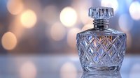 Crystal glass perfume bottle with ornate diamond pattern on blurred bokeh background in soft pink and blue tones, luxury fragrance concept.
