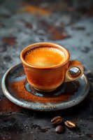 Fresh espresso with golden crema in rustic ceramic cup on dark textured background with coffee beans and ground coffee powder scattered around.