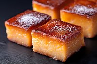 Homemade butter mochi cake pieces dusted with powdered sugar on dark slate background, traditional Asian dessert with golden caramelized top and chewy texture.