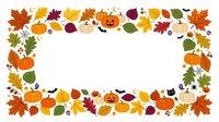 Autumn harvest frame with pumpkins, jack-o-lanterns, colorful fall leaves, acorns, and seasonal decorations arranged as isolated border on white background for design projects.