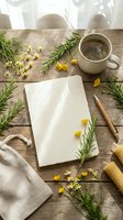 Herbal tea cup with blank notebook, rosemary sprigs and chamomile flowers on rustic wooden table. Natural wellness lifestyle flat lay composition.