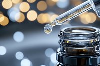 Glass dropper with essential oil or serum drop above dark bottle, bokeh lights background creates luxurious cosmetic atmosphere.