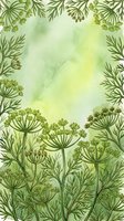 Botanical watercolor frame with hand-drawn dill or fennel plants featuring delicate umbrella-shaped flower clusters and feathery foliage on soft green wash background. Isolated design element.
