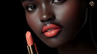 Close up portrait of young African woman with coral lipstick against dark background. Glamorous beauty makeup with focus on full lips and cosmetic product.