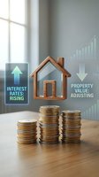 Wooden house model with stacked coins showing interest rates rising and property value adjusting, financial growth concept for real estate investment and mortgage planning.