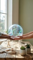 Hands holding glowing sphere with reduce reuse recycle recover text over sustainable lifestyle items on wooden table near window for eco-friendly concepts.