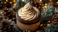 Luxurious caramel cream dessert with swirled topping in elegant jar, surrounded by festive pine cones and warm golden lights for holiday celebrations.