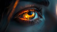Dramatic close-up of glowing amber eye with fiery reflection and intense detail against dark background, showcasing mystery and power in macro photography.