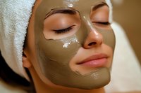 Young woman with clay facial mask during spa treatment, wearing white towel on head, eyes closed in relaxation. Close up view shows smooth application.