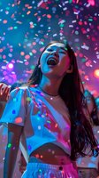 Young Asian woman dancing at nightclub with colorful confetti falling, neon lights creating vibrant pink and blue atmosphere, expressing pure joy and freedom.