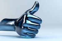 Metallic blue chrome thumbs up hand gesture showing approval and success on clean white background for business and marketing designs.
