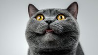 Close up portrait of British shorthair cat with bright yellow eyes looking up against gray background. Gray fur and distinctive round face create striking contrast.
