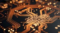 Golden circuit board with intricate pathways and glowing connections showcasing modern electronic technology and digital innovation in warm ambient lighting.