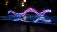 Glowing neon wave visualization with particle effects reflects on dark surface, creating futuristic light trail in purple and blue colors against black background.