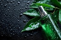 Green glass cosmetic bottle with water drops and fresh wet leaves on dark background. Natural skincare and beauty product photography for spa and wellness.
