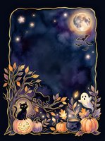 Spooky night scene with full moon, black cat, ghost, jack-o-lantern pumpkins, autumn leaves, stars, and cauldron on dark blue background. Halloween illustration.