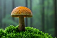 Orange-capped mushroom growing on green moss in misty forest, showcasing natural woodland flora in atmospheric lighting.