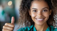 Young African American woman with curly hair and bright smile showing thumbs up gesture against blurred background. Positive emotional expression.