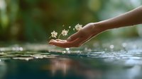 Gentle female hand holding delicate white flowers over reflective water surface with soft bokeh background and natural sunlight creating dreamy atmosphere.