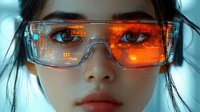 Young Asian woman wearing futuristic smart glasses with holographic orange display and digital interface elements against cyan background. Modern technology concept.
