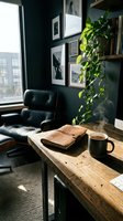 Modern home office workspace with black leather recliner, wooden desk, coffee mug, notebook, and green climbing plant against dark wall with framed artwork and city window view.