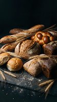 Assorted freshly baked artisan breads, rolls and wheat stalks arranged on dark surface for bakery, food photography and culinary content.