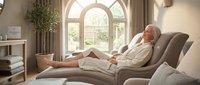Senior woman with gray hair relaxing on comfortable lounge chair in bright living room with arched windows, reading book, peaceful home interior design.