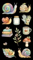 Whimsical snail collection featuring colorful spiral shells, garden snails, decorative elements including books, jar, mug, mushroom, plant, and hand with snail motif, isolated on transparent background, ready for t-shirt design, stickers, clipart, and print-on-demand products.