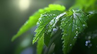 Fresh green maple leaves covered with morning dew drops against blurred natural background, macro nature photography with selective focus.