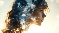 Double exposure profile of young woman merged with forest silhouette at sunset, dreamy atmosphere with golden light and bokeh effects creates surreal mood.