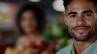 Young mixed race man with confident smile and well-groomed beard wearing casual shirt, looking at camera against blurred background. Professional headshot style portrait.