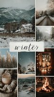 Winter mood board collage featuring snowy landscapes, cozy cabin scenes, mountain views, and warm indoor elements for seasonal design projects.