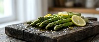 Fresh grilled asparagus spears with lemon wedge and sea salt on rustic wooden cutting board in modern kitchen setting for healthy cooking and dining.
