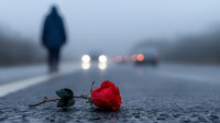 Single red rose lying on wet asphalt road with blurred silhouette walking away and car headlights in foggy distance, dramatic atmospheric scene.