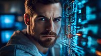 Bearded Caucasian male programmer looking at digital code projection. Dark moody portrait with blue technology interface reflections showing cybersecurity concept.