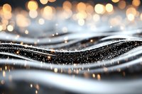 Abstract wavy silver surface with glittering particles and golden bokeh lights creating luxurious flowing background with soft focus effect and depth of field.